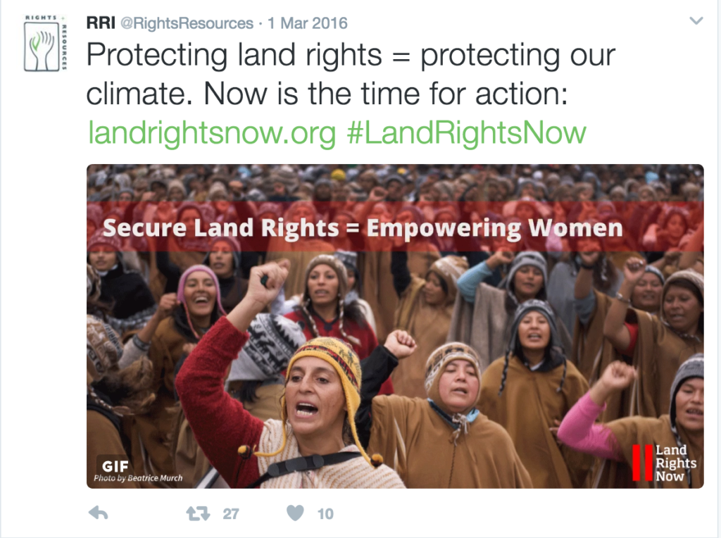 Tweet from RRI: Protecting land rights = protecting our climate. Now is the time for action: landrightsnow.org #LandRightsNow