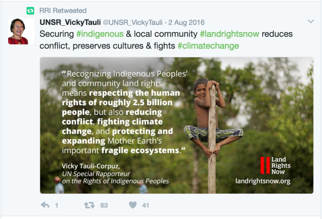 Tweet from UNSR_VickyTauli: Securing #indigenous & local community #landrightsnow reduces conflict, preserves cultures & fights #climatechange