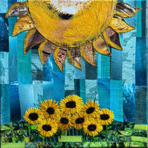 Girasol — 10"x10," Mixed Media — Embroidery over collage on painted canvas. A sun made out of magazine clippings with embroidered edges on a blue collaged background over 9 embroidered sunflowers.