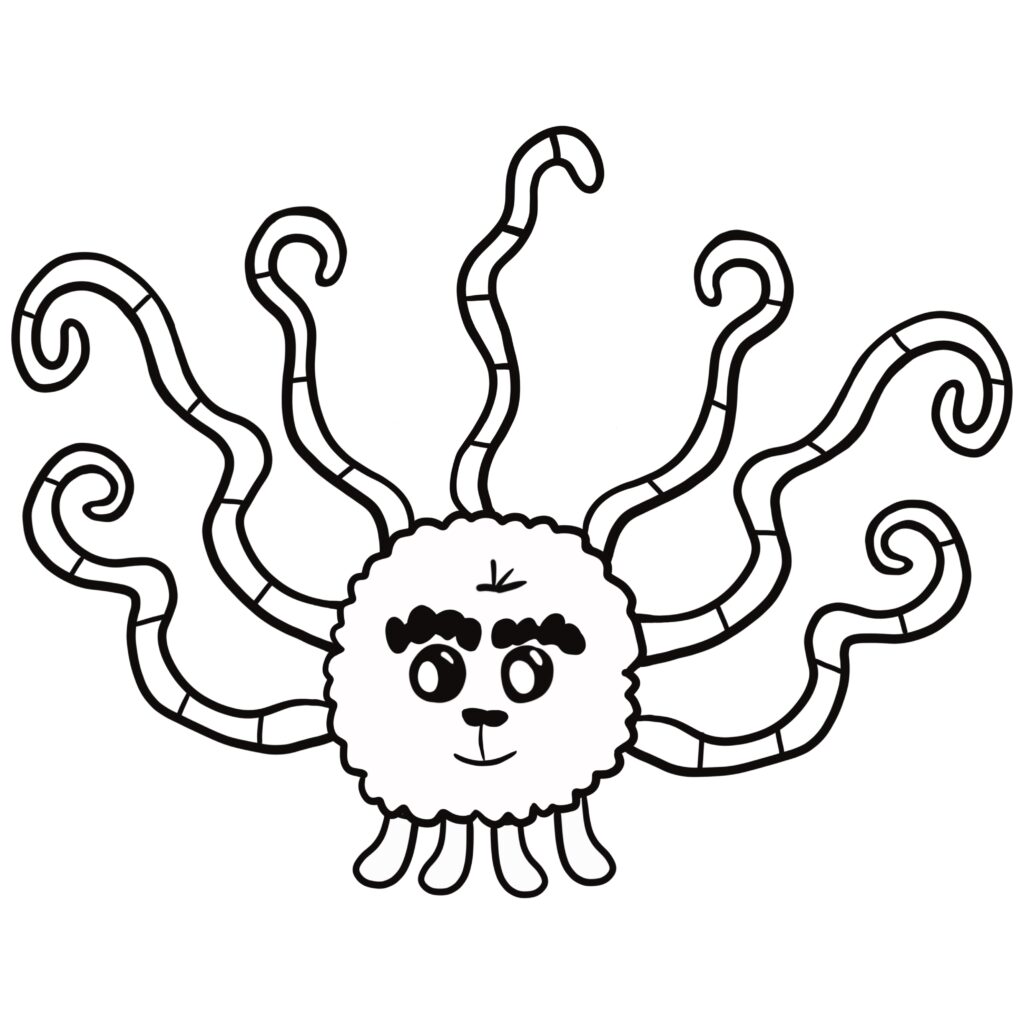 Digital illustration of a fluffy, round monster with 7 tentacle-like tails.