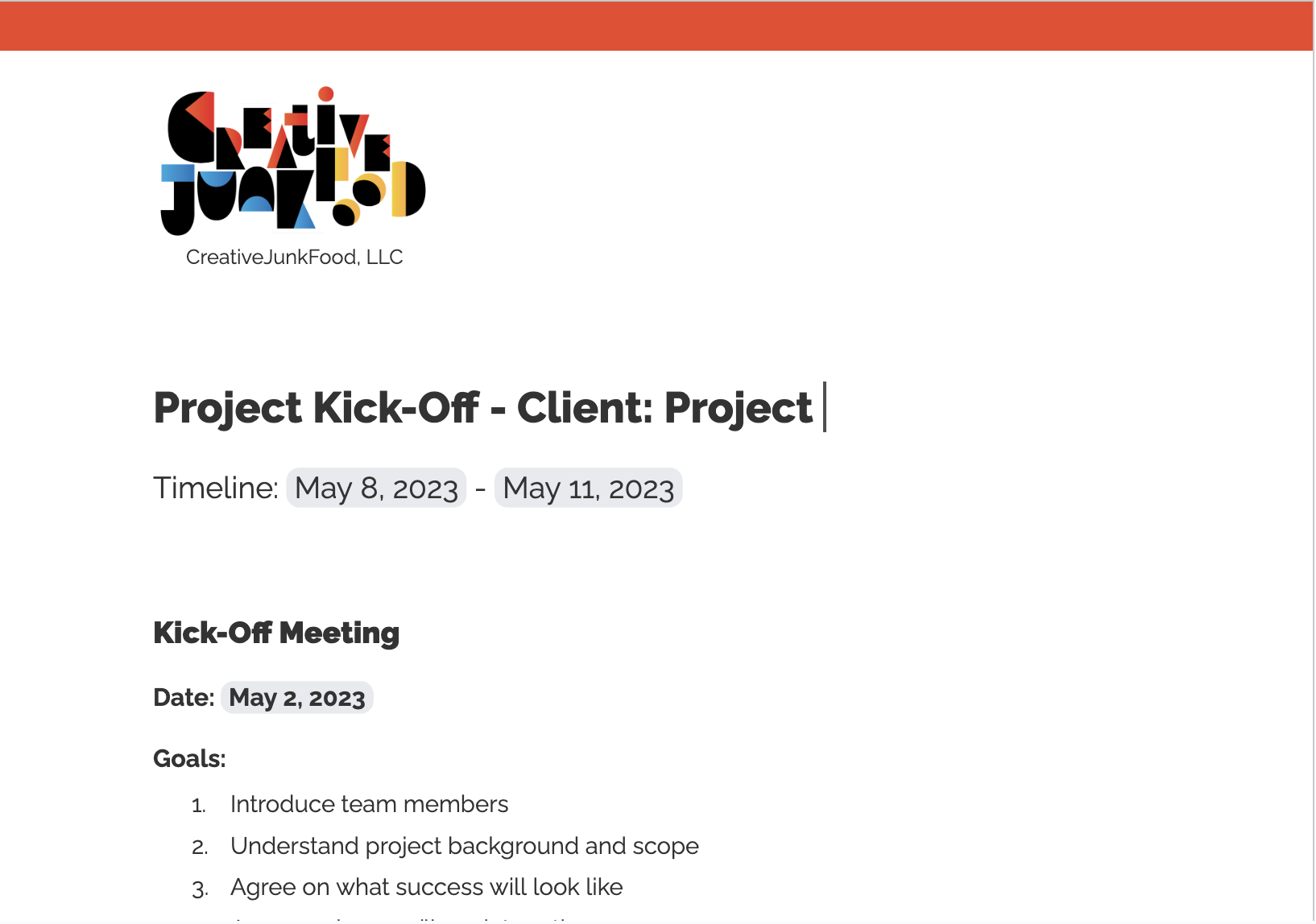 Google Document template that has CreatiiveJunkFood logo in the top left and says 'Project Kick-Off Template.'